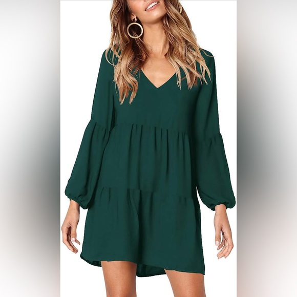 *NWOT* Amazon / Amoretu Ruffled Tier V-Neck Tunic Shift Dress / Green / Large - Picture 2 of 13
